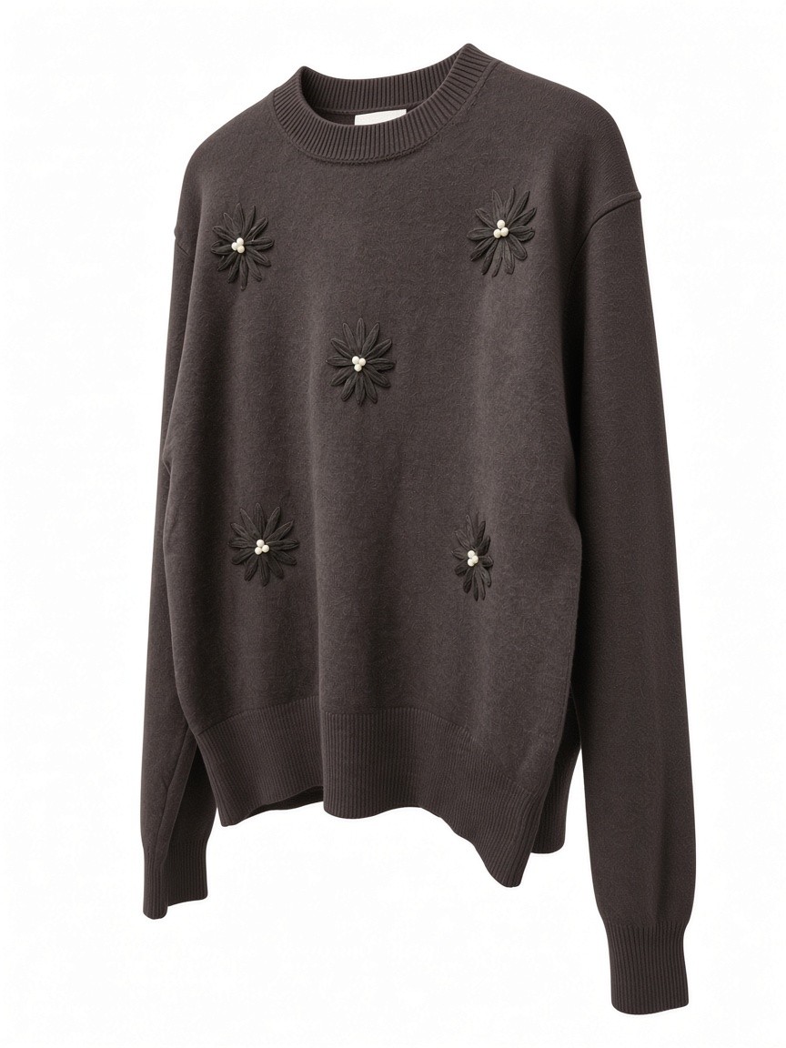 Dámsky pulóver s výšivkou kvietkov s perličkami COZY CHOCOLATE Tmavohnedá s.WEAR 4
